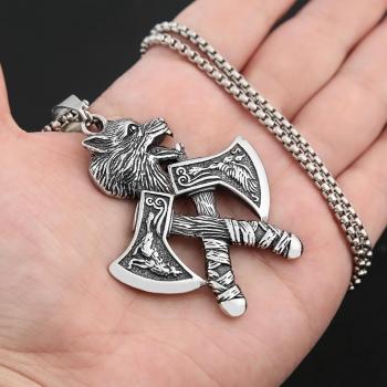 Vintage Vikings-Halskette mit Doppelaxt-Anhänger, 316L Edelstahl, verblasst nicht, klassische Wolfskopf-Halsketten, nordischer Schmuck